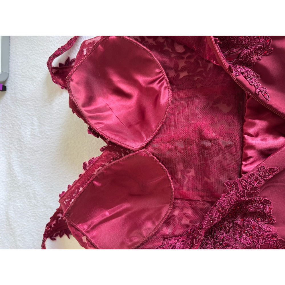 Fiesta Fashion beaded lace bodice Burgundy Lace chiffon skirt Dress Size L - Picture 5 of 12